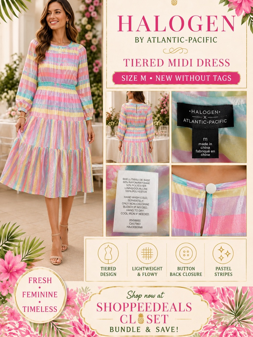 Halogen x Atlantic-Pacific Pastel Striped Tiered Maxi Dress – Size M
